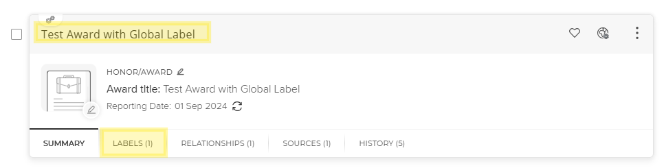 Screenshot of an Elements activity titled Test Award with Global Label with the title and the labels button both highlighted in yellow