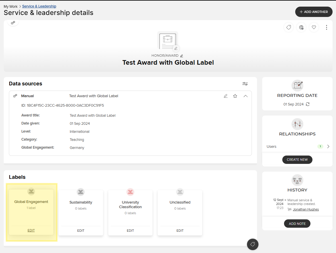 Screenshot of the expanded view of an Elements activity with the Global Engagement tile in the labels section highlighted in yellow