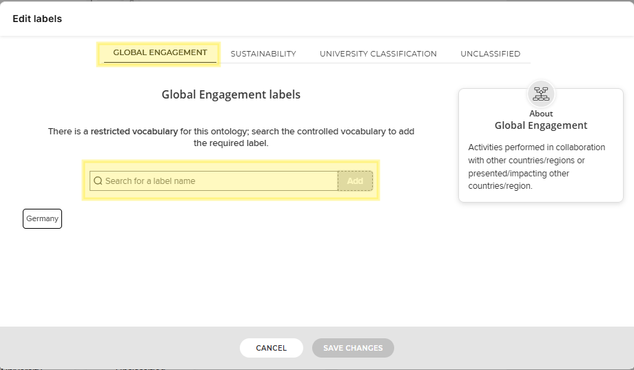 Screenshot of the Edit labels dialog with the Global Engagement tab and the Search for a label name form field highlighted in yellow