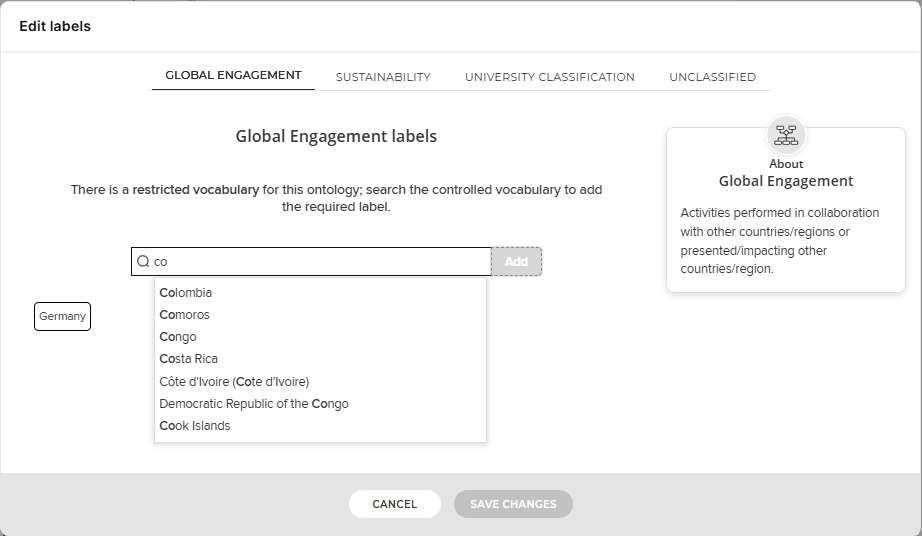 Screenshot of the dropdown search menu that appears in the Global Engagement labels form field after some text is entered