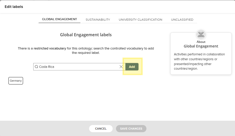Screenshot of the Edit labels dialog with a country entered into the form field and the Add button highlighted in yellow