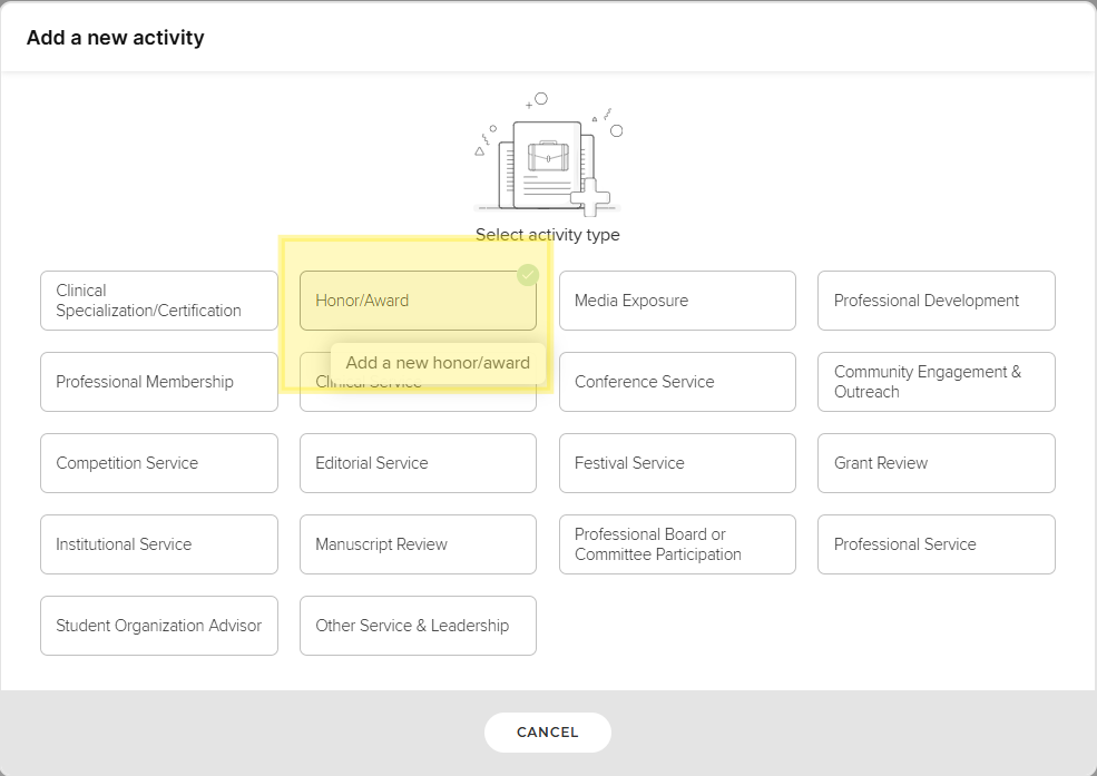 Screenshot of the Elements new activity dialog for Service and Leadership with the Honor/Award type highlighted in yellow