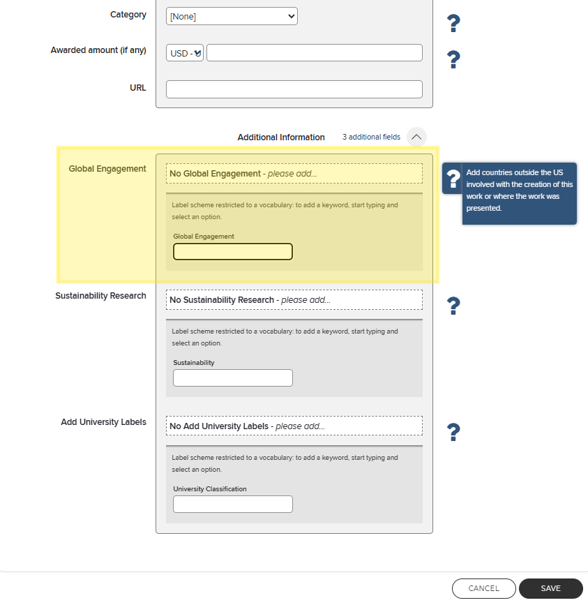 Screenshot of the open Additional Information accordion with the Global Engagement section highlighted in yellow