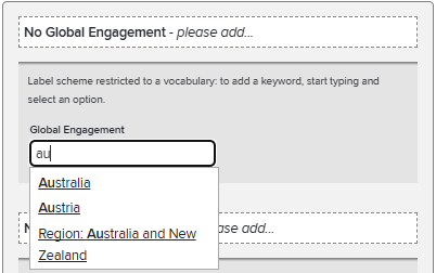 Screenshot of the dropdown search menu that appears in the Global Engagement form field after some text is entered