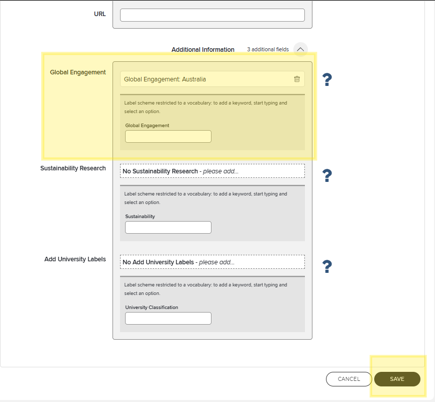 Screenshot of the open Additional Information accordion with the Global Engagement section and the Save button at the bottom highlighted in yellow