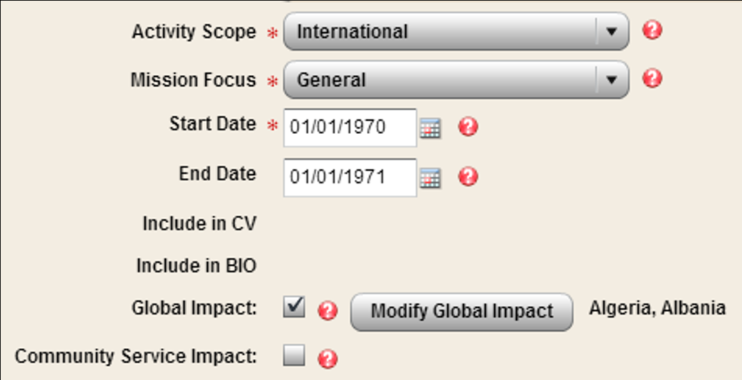 Screenshot of an MBM activity form with the Global Impact checkbox checked and the Modify Global Impact button visible