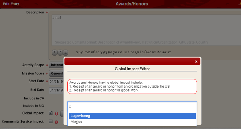 Screenshot of the Global Impact Editor with showing the search dropdown that appears when text is entered into the text field